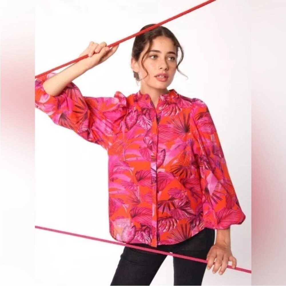 VILAGALLO Dina Jungle Button Up Blouse Long Sleeve Tropical Floral Pink Size 44